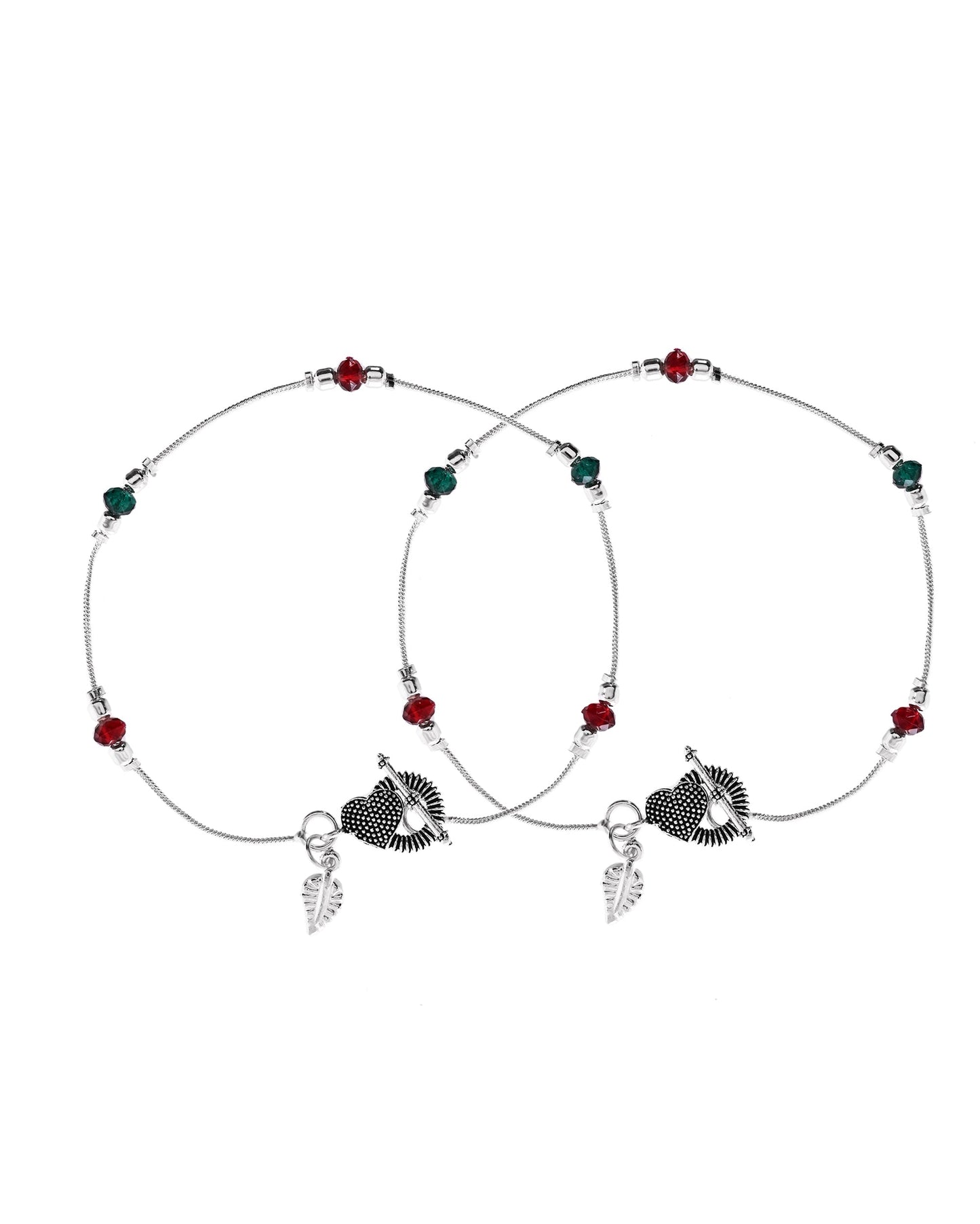 VOJ Set of 2 Silver Toned Handcrafted Artificial Beads Designer Anklet