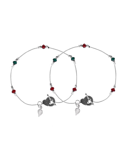 VOJ Set of 2 Silver Toned Handcrafted Artificial Beads Designer Anklet