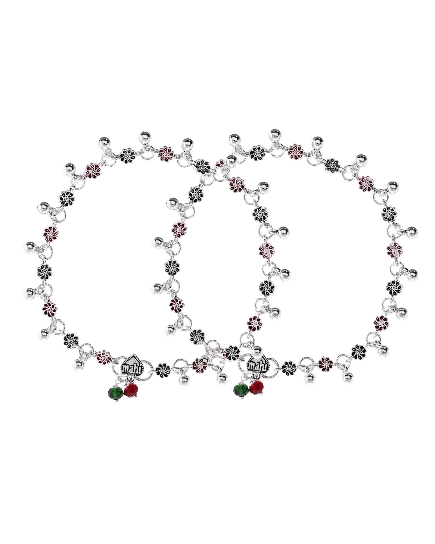 VOJ Set of 2 Silver Plated Floral Designed Meenakari Anklet