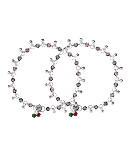 VOJ Set of 2 Silver Plated Floral Designed Meenakari Anklet