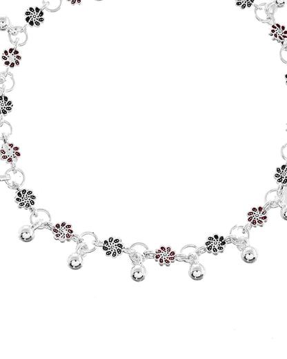 VOJ Set of 2 Silver Plated Floral Designed Meenakari Anklet