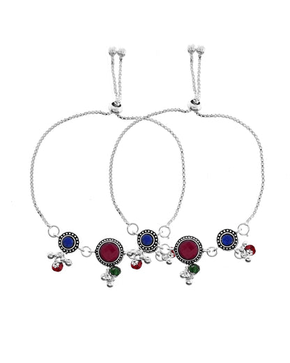 VOJ Set of 2 Silver Plated Circular Designed Stone Studded Anklet