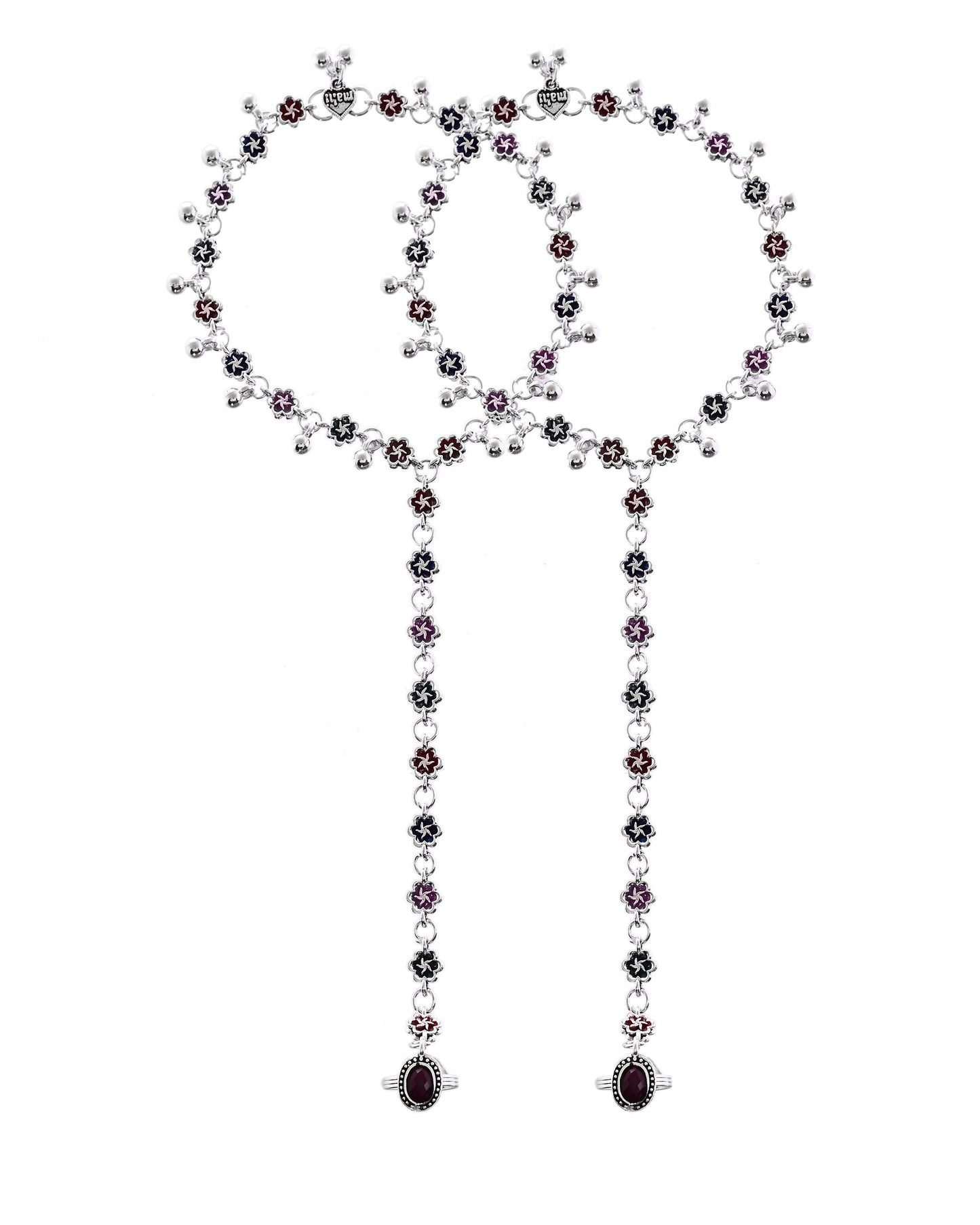 VOJ Set of 2 Floral Designer Meenakari Anklet with Toe Ring