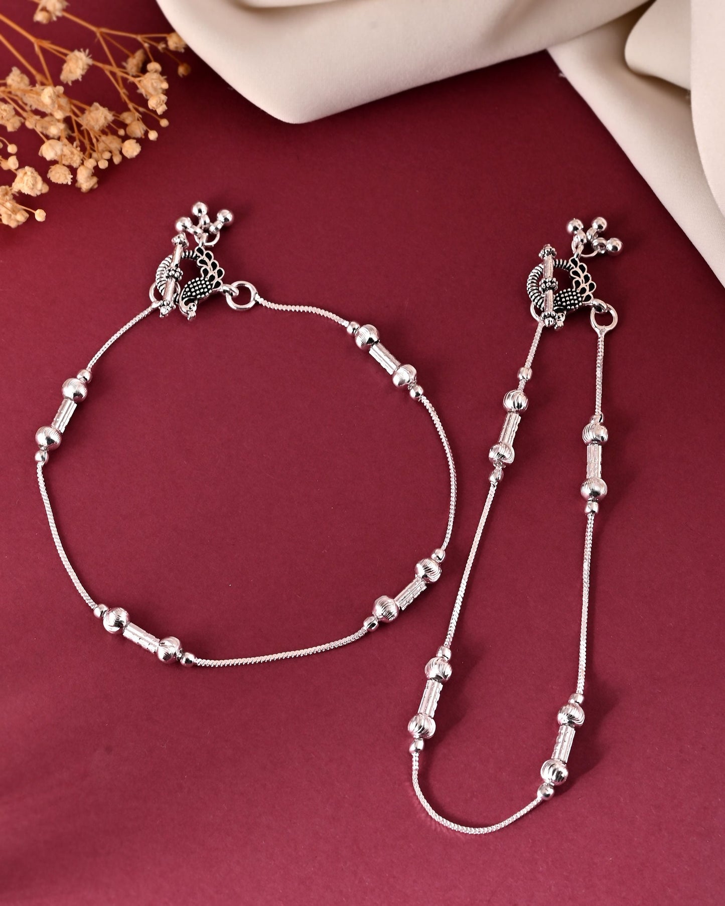VOJ Set of 2 Silver Plated Pipe Shaped Designer Anklet