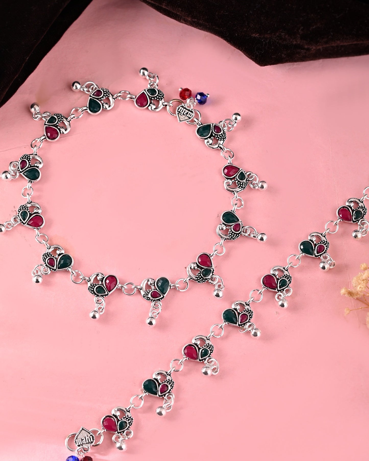 VOJ Set of 2 Silver Plated Peacock Shaped Stone Studded Anklet