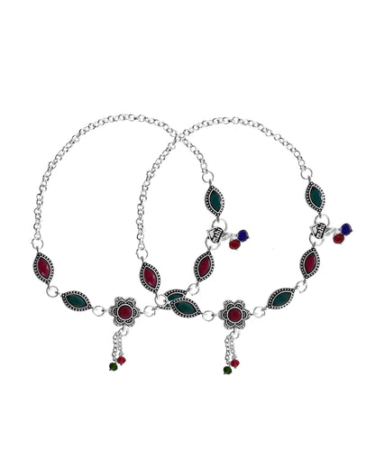 VOJ Set of 2 Silver Plated Floral Shaped Stone Studded Anklet
