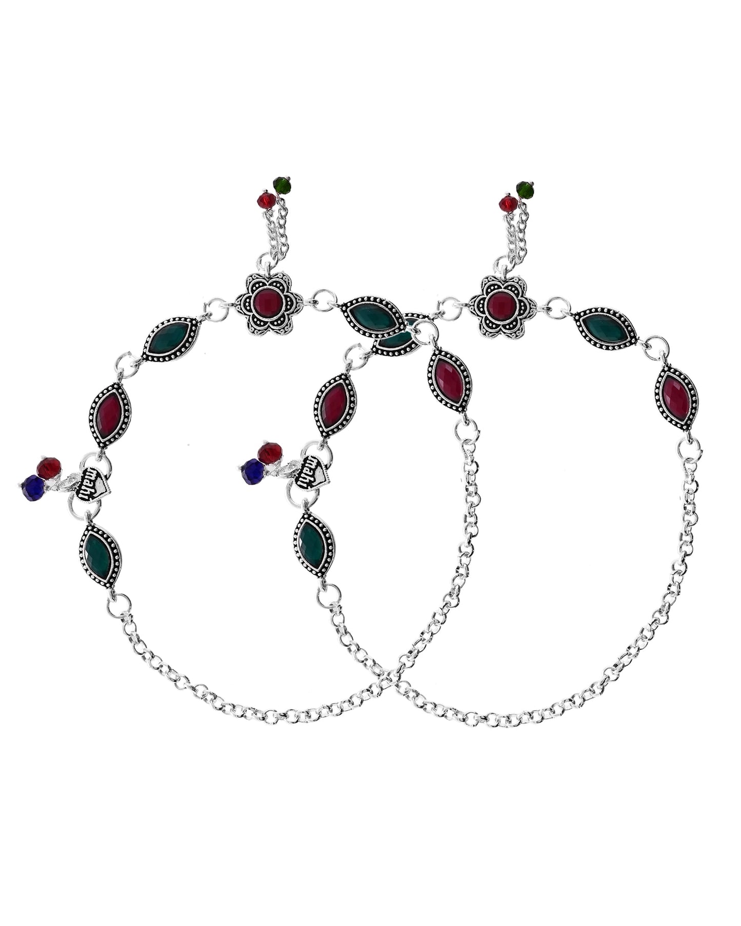 VOJ Set of 2 Silver Plated Floral Shaped Stone Studded Anklet