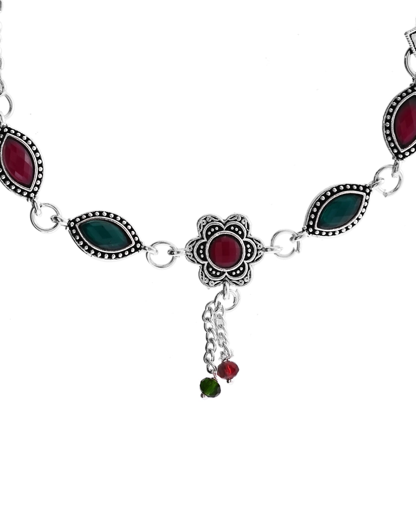 VOJ Set of 2 Silver Plated Floral Shaped Stone Studded Anklet
