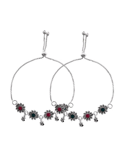VOJ Set of 2 Silver Plated Floral Designed Stone Studded Anklet