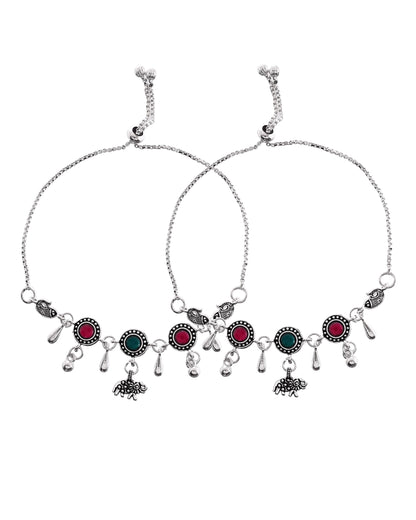 VOJ Set of 2 Silver Plated Stone Studded Designer Anklet