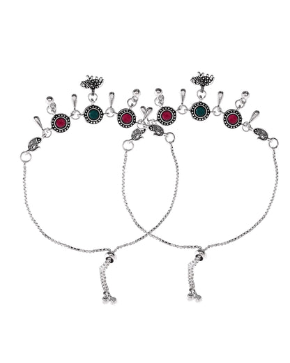 VOJ Set of 2 Silver Plated Stone Studded Designer Anklet