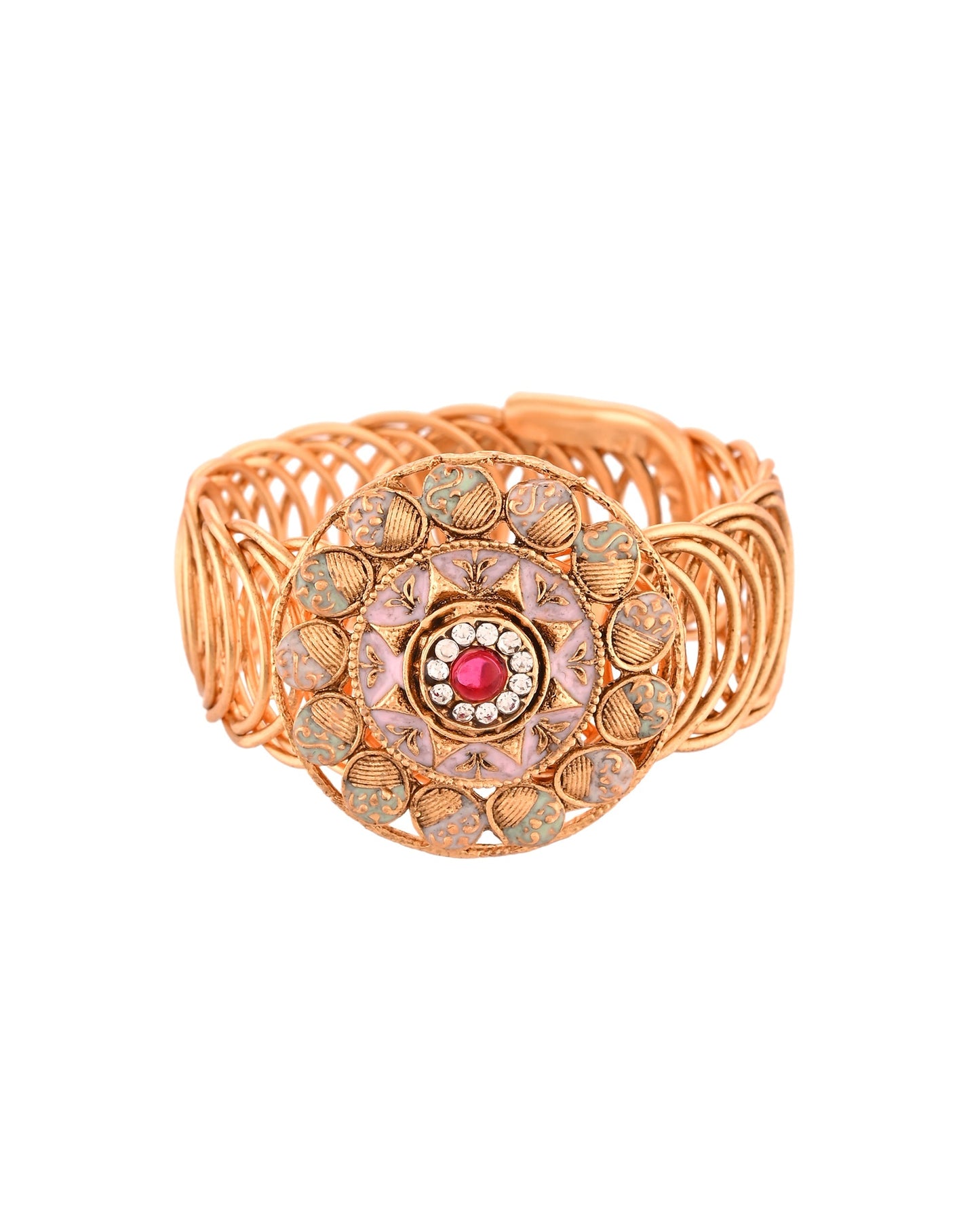 VOJ Stainless Steel Gold Polished Kundan Studded Wraparound Circular Bracelet