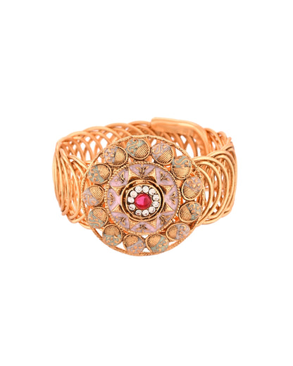 VOJ Stainless Steel Gold Polished Kundan Studded Wraparound Circular Bracelet