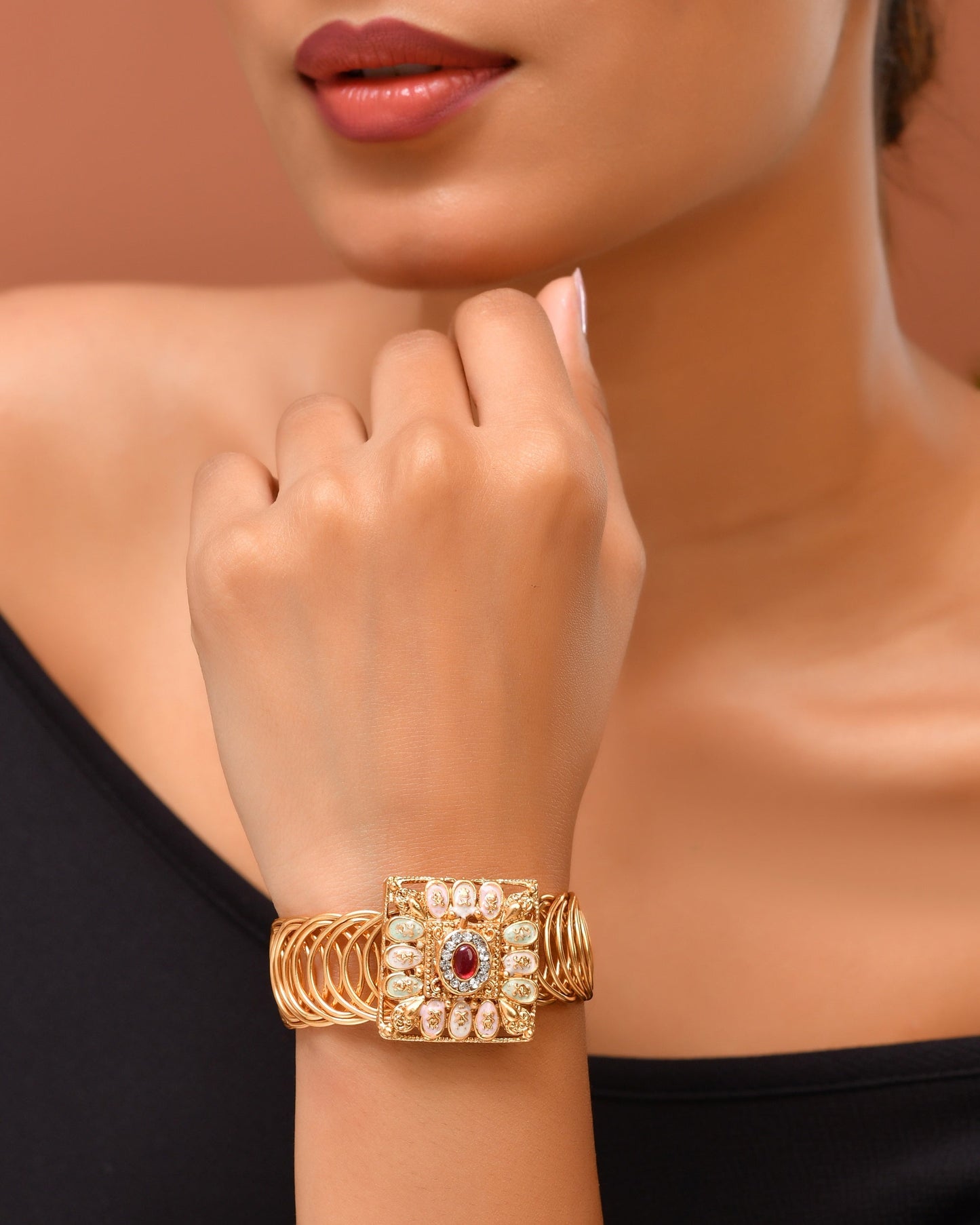 VOJ Stainless Steel Gold Polished Kundan Studded Wraparound Square Bracelet