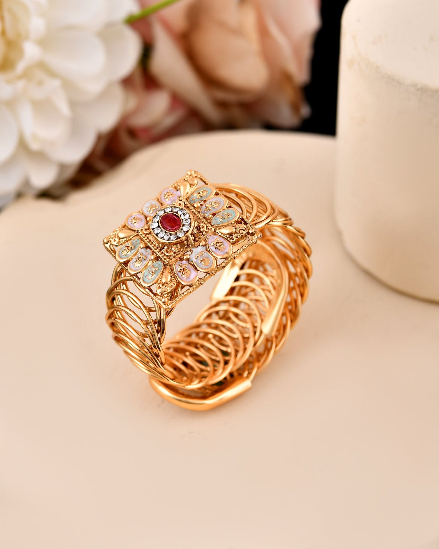 VOJ Stainless Steel Gold Polished Kundan Studded Wraparound Square Bracelet