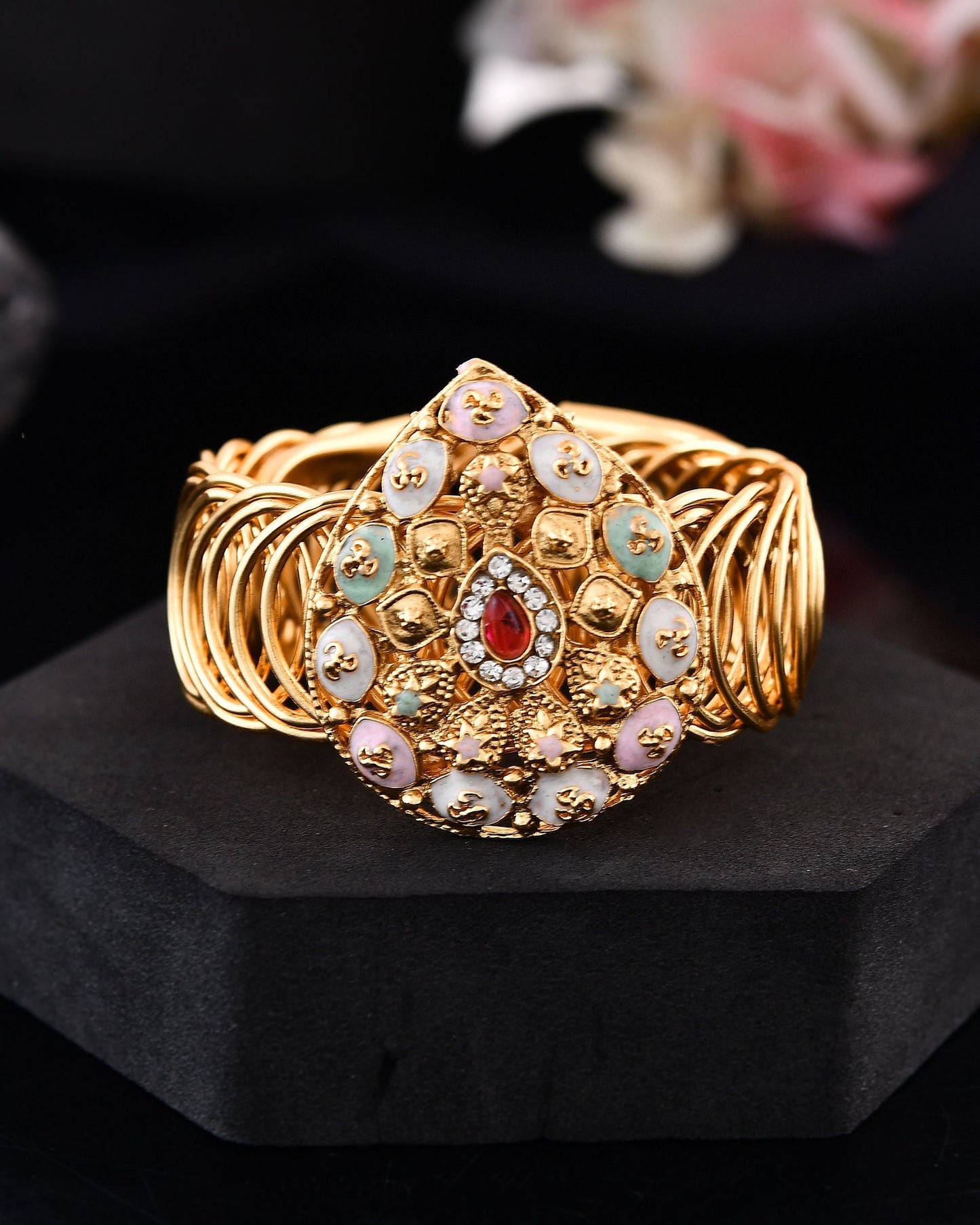 VOJ Stainless Steel Gold Polished Kundan Studded Wraparound Bracelet