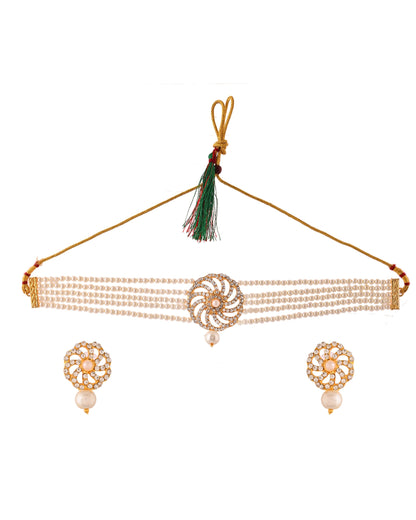 VOJ Gold Polished Stone And Pearl Studded Traditional Chokar Set