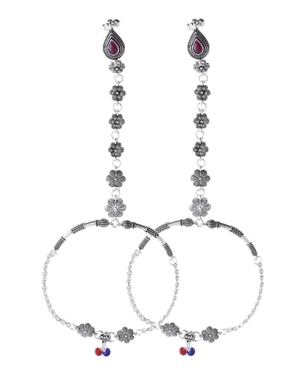 VOJ Set Of 2 Silver-Plated Stainless Steel Floral Shape Anklet With Toe Ring