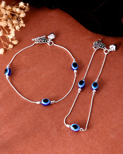 VOJ Set Of 2 Silver-Plated Stainless Steel Evil Eye Studded Anklet