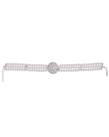 VOJ Silver Plated Pearl And Ad Stone Studded Choker Necklace With Earrings Set
