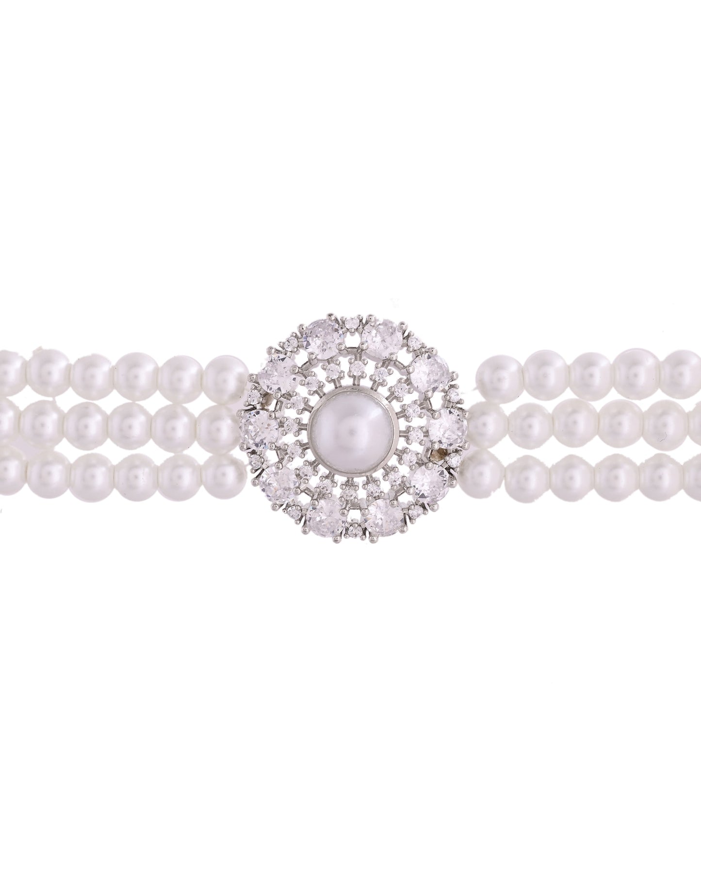 VOJ Silver Plated Pearl And Ad Stone Studded Choker Necklace With Earrings Set