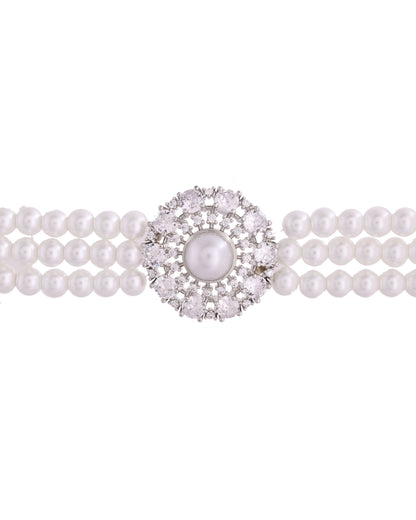 VOJ Silver Plated Pearl And Ad Stone Studded Choker Necklace With Earrings Set