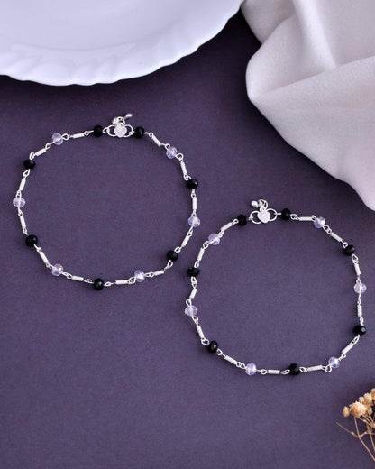 VOJ Set of 2 Silver Plated Black & White Beads Anklets
