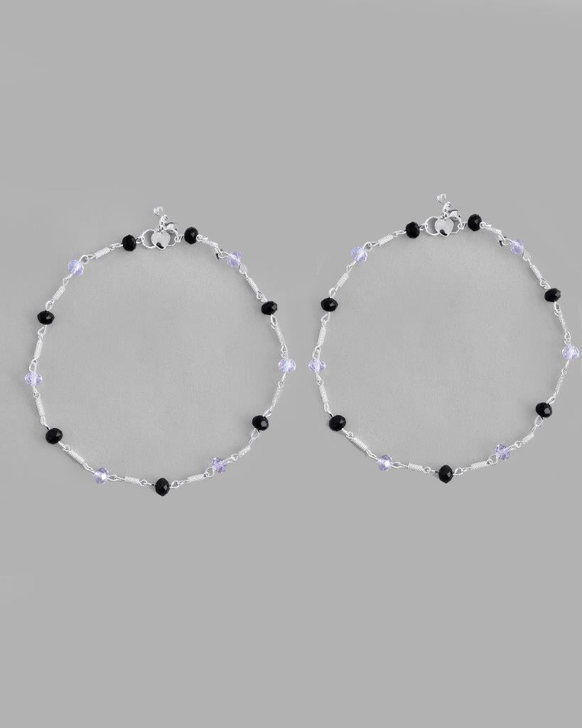 VOJ Set of 2 Silver Plated Black & White Beads Anklets