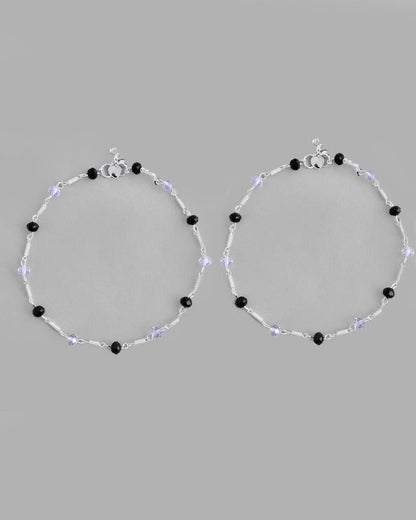 VOJ Set of 2 Silver Plated Black & White Beads Anklets
