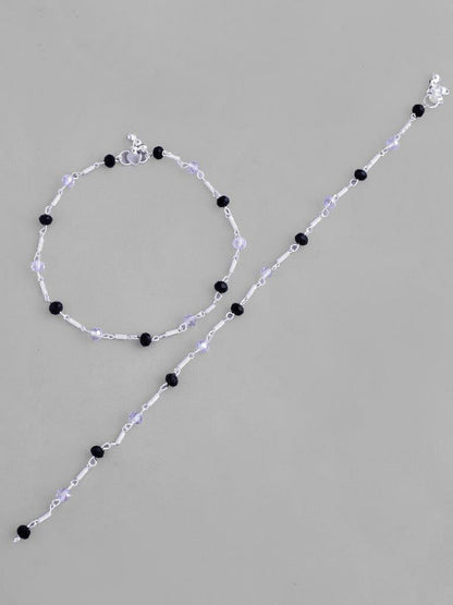 VOJ Set of 2 Silver Plated Black & White Beads Anklets