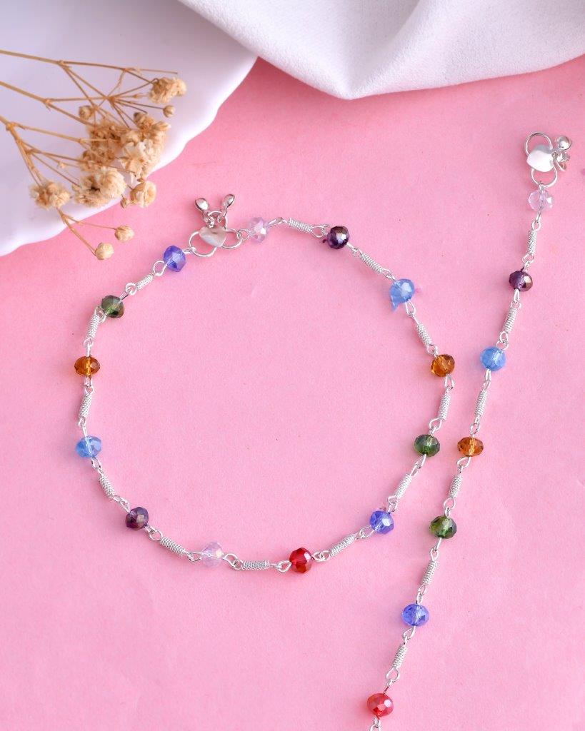 VOJ Set of 2 Silver Plated Multicolor Beads Anklets