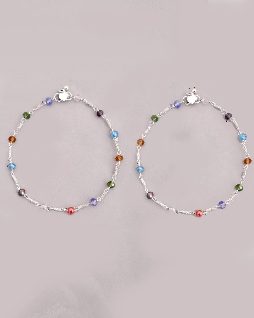 VOJ Set of 2 Silver Plated Multicolor Beads Anklets