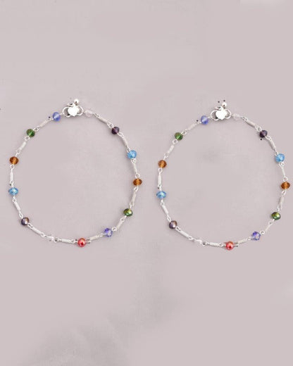 VOJ Set of 2 Silver Plated Multicolor Beads Anklets