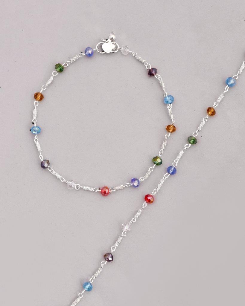 VOJ Set of 2 Silver Plated Multicolor Beads Anklets