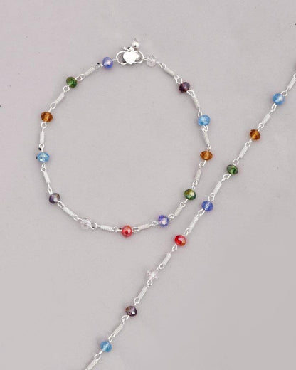 VOJ Set of 2 Silver Plated Multicolor Beads Anklets