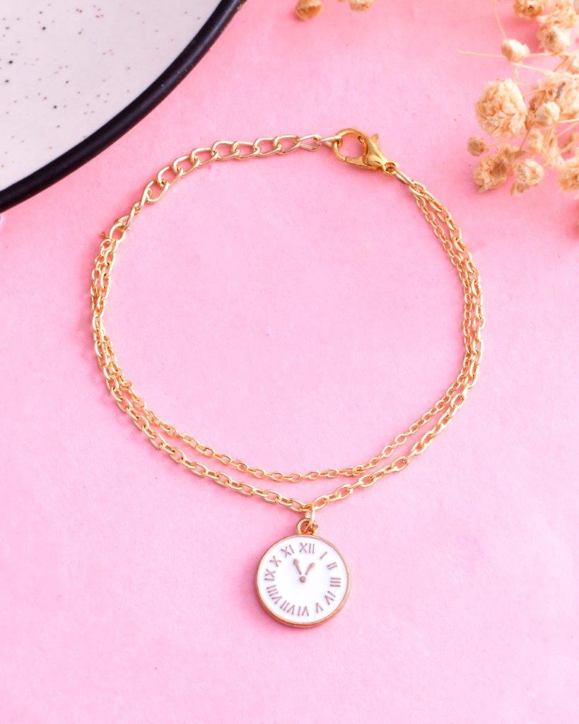 VOJ Gold-Polished White Clock Charm Bracelet