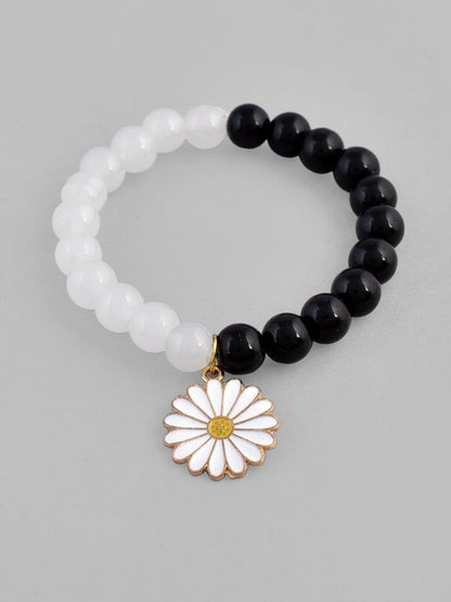 VOJ Black White Beads White Flower Elastic Bracelet