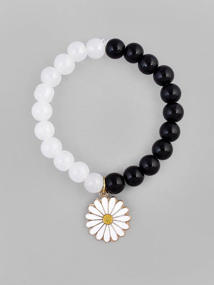VOJ Black White Beads White Flower Elastic Bracelet