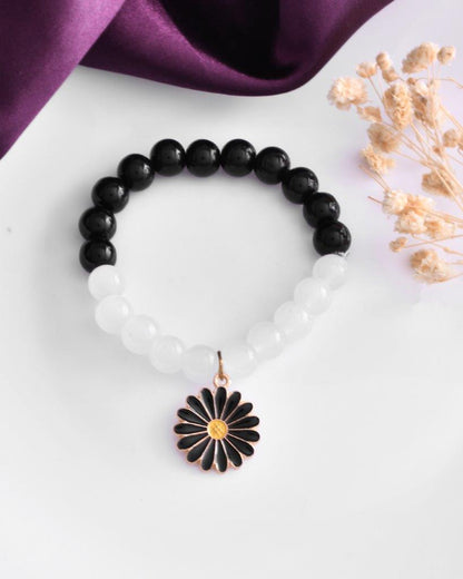 VOJ Black White Beads Black Flower Elastic Bracelet