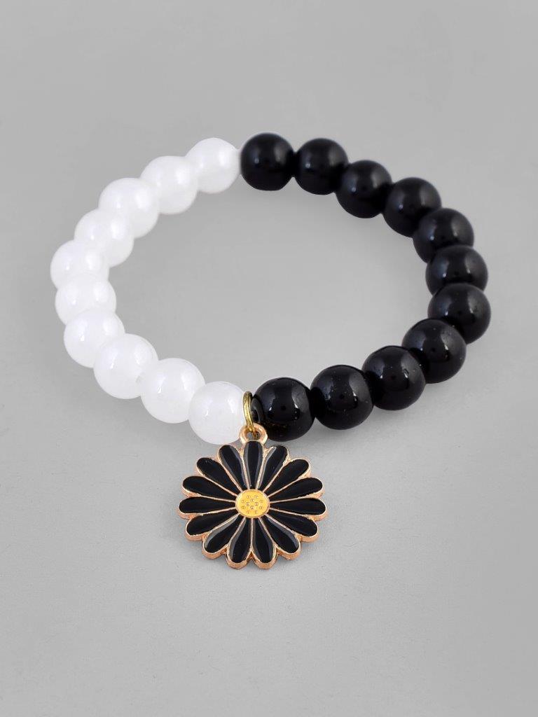 VOJ Black White Beads Black Flower Elastic Bracelet