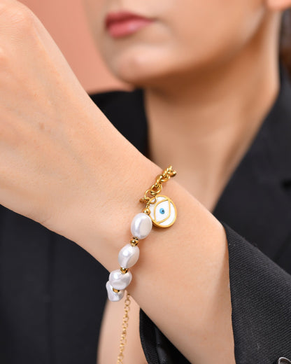 VOJ Gold Plated Pearl And Evil Eye Bracelet For Women