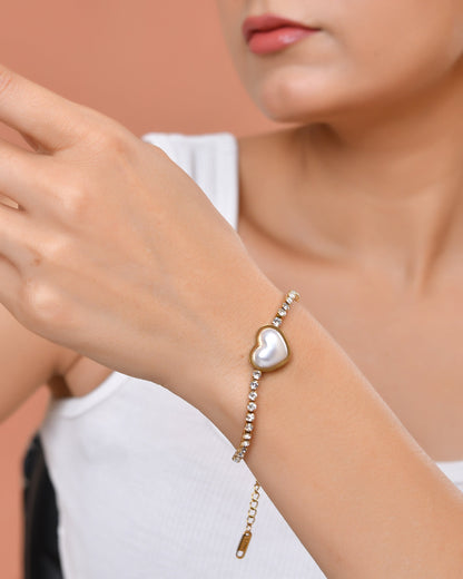 VOJ Gold Plated Ad Stone Studded With Heart Shaped Pearl Bracelet For Women