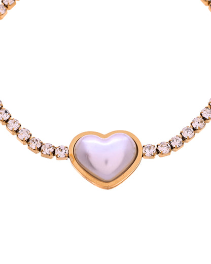VOJ Gold Plated Ad Stone Studded With Heart Shaped Pearl Bracelet For Women