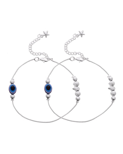 VOJ Set Of 2 Silver Plated Evil Eye Beads Anklet
