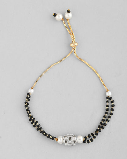 VOJ Silver Plated AD Stone Studded Cylindrical Shaped Mangalsutra Bracelet