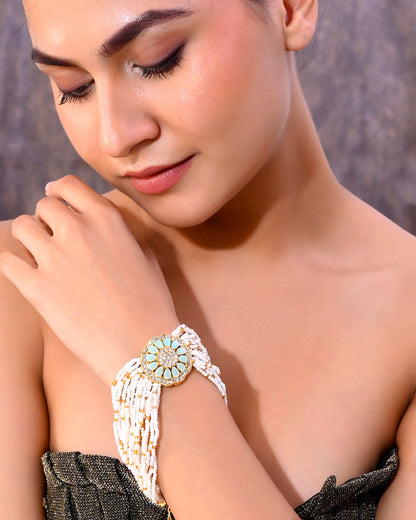 VOJ Gold-Polished Green Flower Studded And Beaded Mutli Layer Bracelet