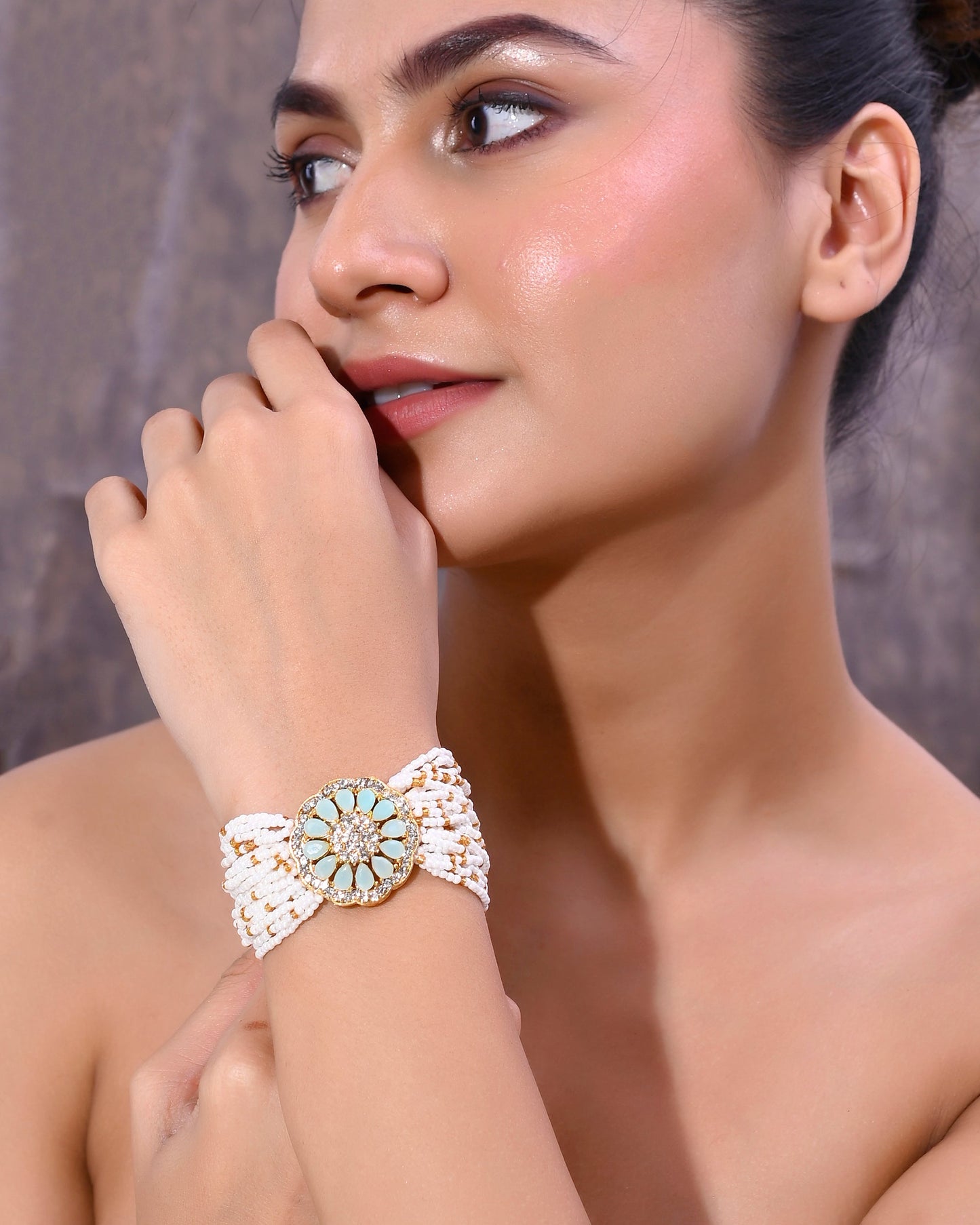 VOJ Gold-Polished Green Flower Studded And Beaded Mutli Layer Bracelet