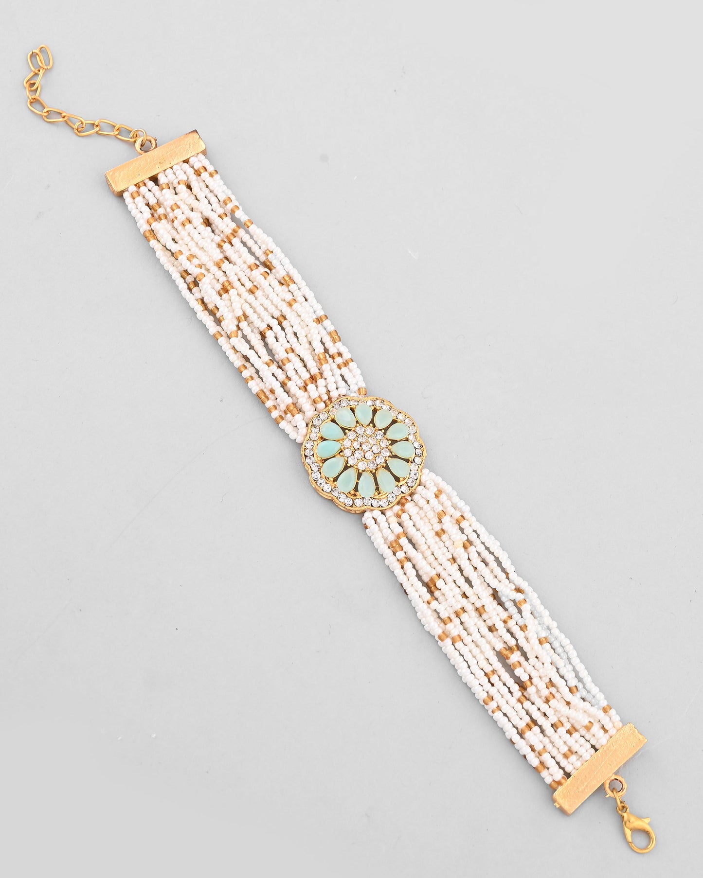 VOJ Gold-Polished Green Flower Studded And Beaded Mutli Layer Bracelet