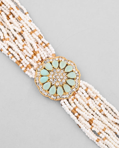 VOJ Gold-Polished Green Flower Studded And Beaded Mutli Layer Bracelet