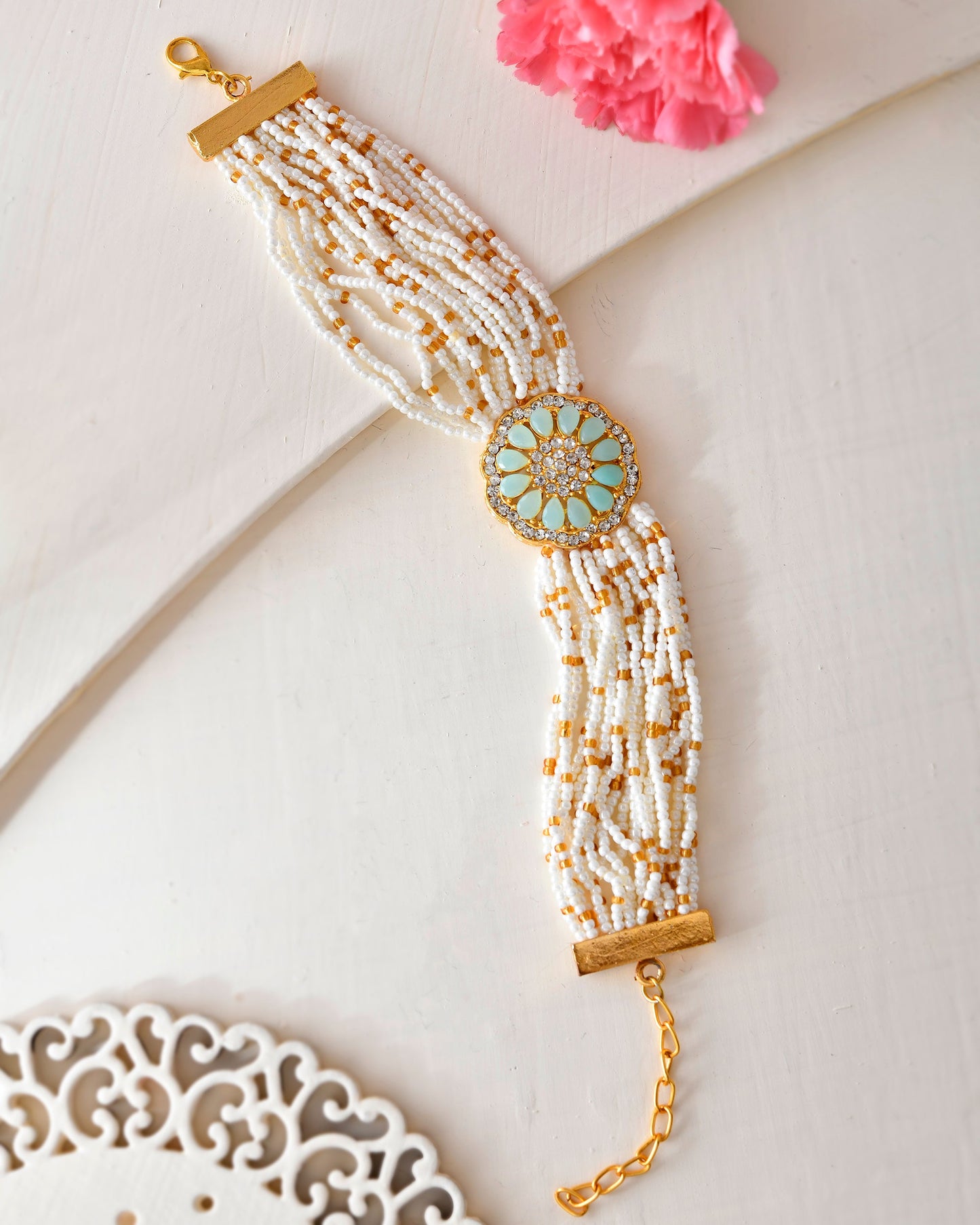 VOJ Gold-Polished Green Flower Studded And Beaded Mutli Layer Bracelet